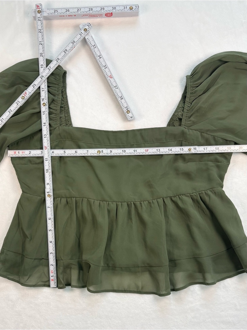 ABERCROMBIE & FITCH Olive Green Smocked Babydoll Blouse Large Square Neck Top - Picture 8 of 8